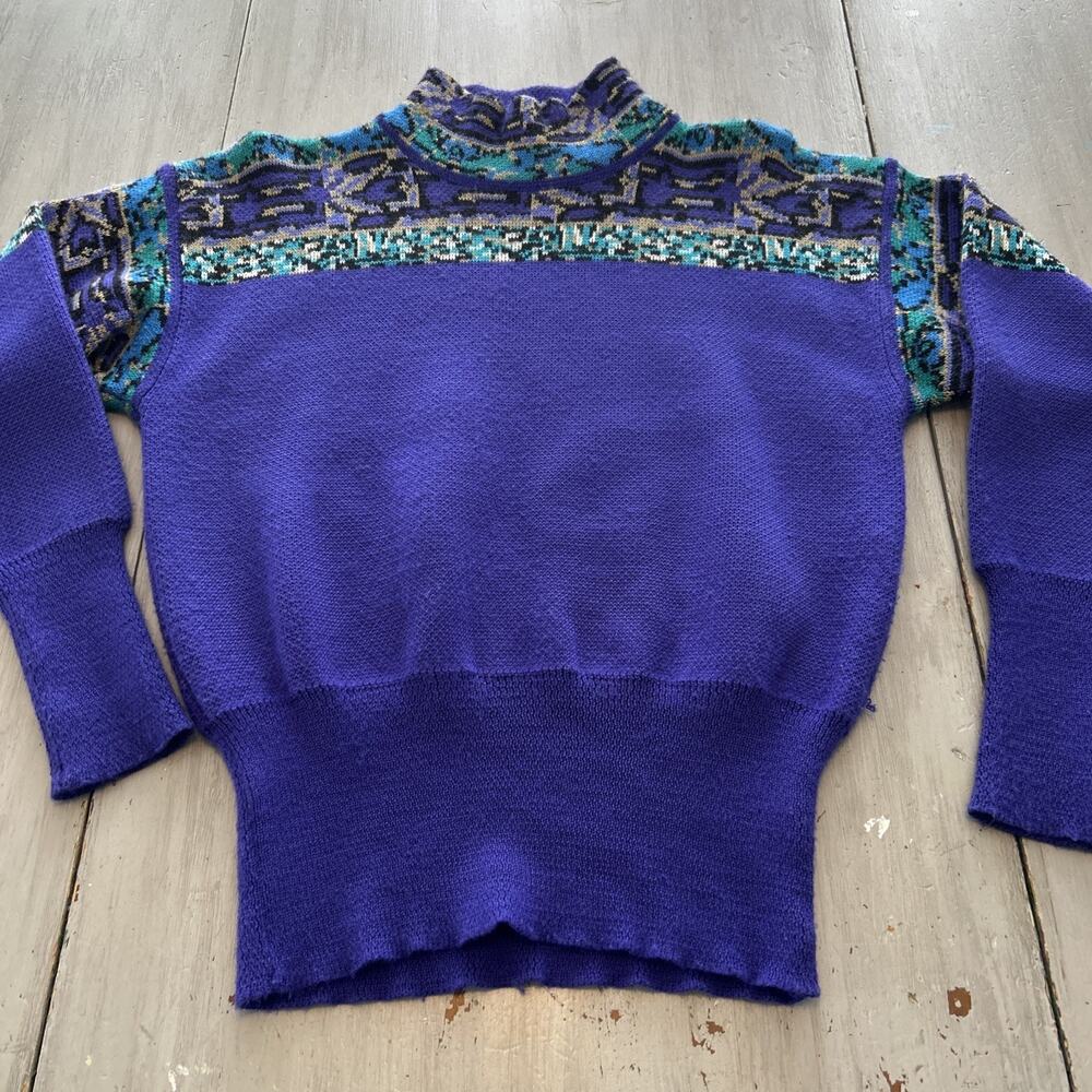 Vtg Tyrolia Skiwear Purple Teal Fair Isle Wool Blend Mock Neck Sweater 80s